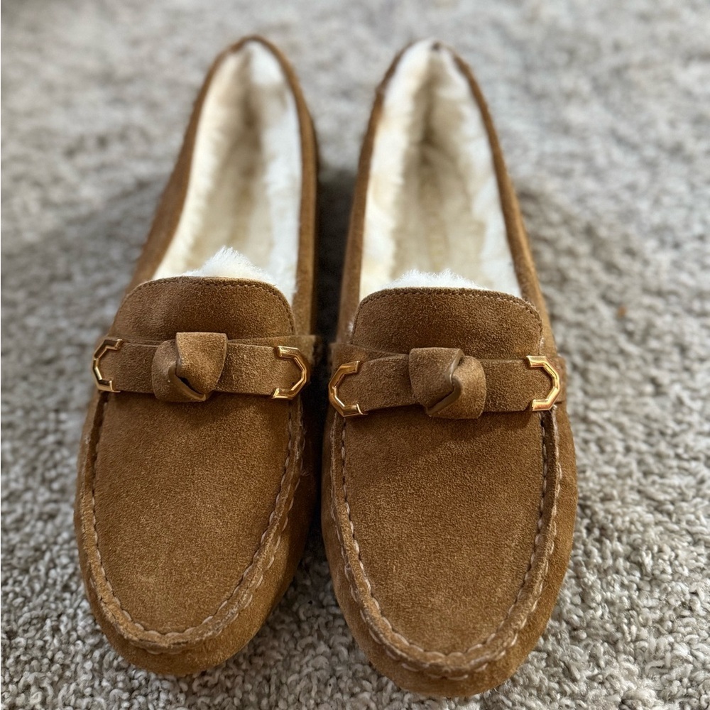 Cole Haan Women’s Evelyn Bow Driver Brown Suede Loafers with Gold Accent - Picture 2 of 7